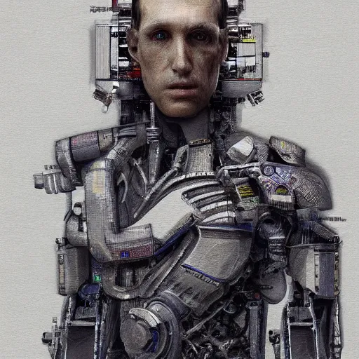 Prompt: a hyper - detailed fine painting of a synthetic man, dystopian concept art