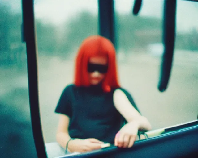 Prompt: lomo photo of shy goth girl sitting in empty bus, sunset, cinestill, bokeh