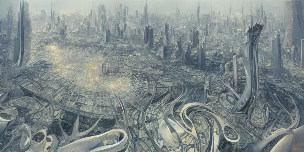 Image similar to a beautiful painting of epic fantasy islamic zaha hadid city by alan lee, trending on artstation