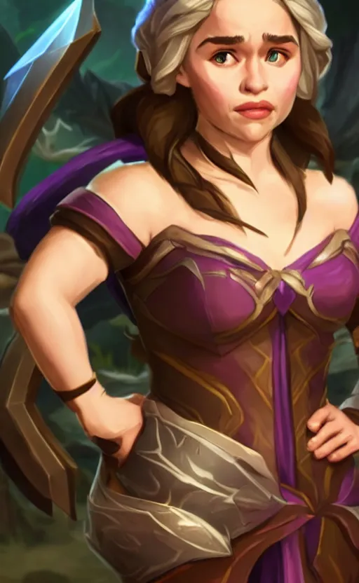 Image similar to Emilia Clarke as a character in the game League of Legends, with a background based on the game League of Legends, detailed face, old 3d graphics