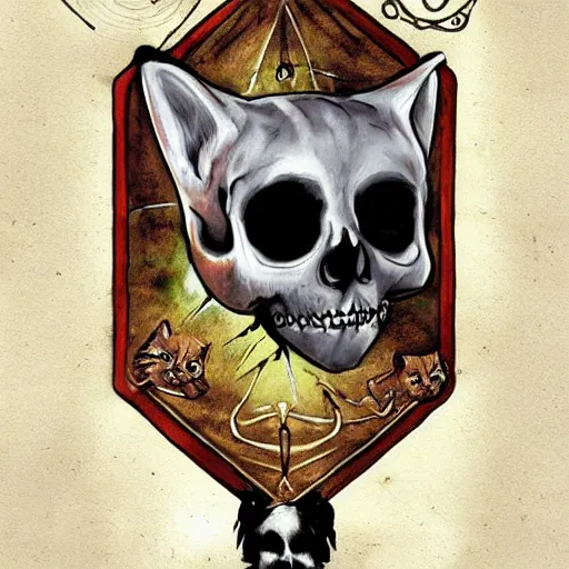 Prompt: cat skull tarot card, digital, rider waite card, painting, ultradetailed, artstation, oil painting, ultradetailed, artstation