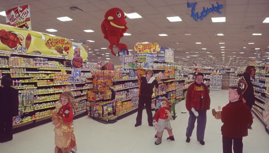 Image similar to 1990s candid photo of a beautiful day at the grocery store, cinematic lighting, cinematic look, golden hour, large costumed mascot business people giving presentations to families, Enormous personified business people with outstandingly happy faces coming out of a portal and talking to families, UHD