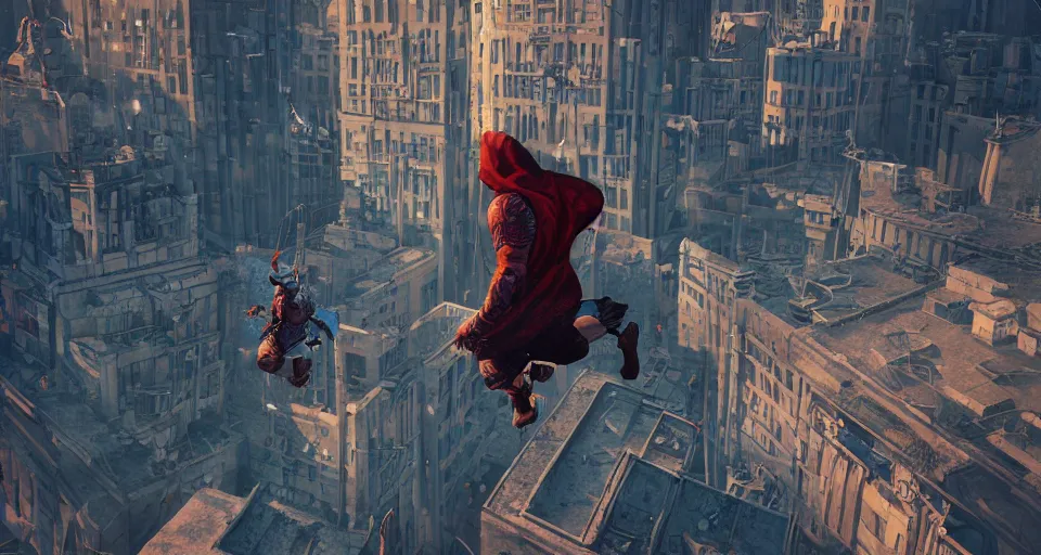 Image similar to an epic fantasy comic book style landscape painting of a hooded thief climbing a tall building with a city using a rope, unreal 5, daz, hyperrealistic, octane render, dynamic lighting