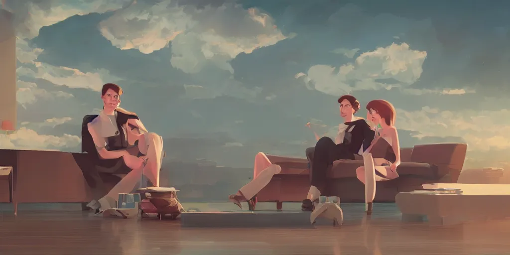 Image similar to a beautiful couple in an elegant living room suspended on a cloud above emerald lagoon, there is a beautiful marshall speaker with visible music coming from, mattepainting concept Blizzard pixar maya engine on stylized background global illumination lighting artstation  lois van baarle, ilya kuvshinov, rossdraws