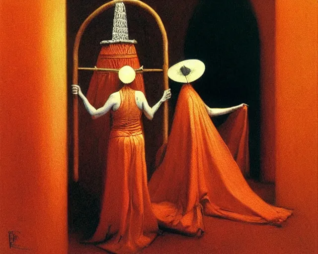 Image similar to devotion to the scarlet woman, priestess in a conical hat, coronation, ritual, sacrament, by francis bacon, beksinski, mystical redscale photography evocative, luxury, opulence, maximalism