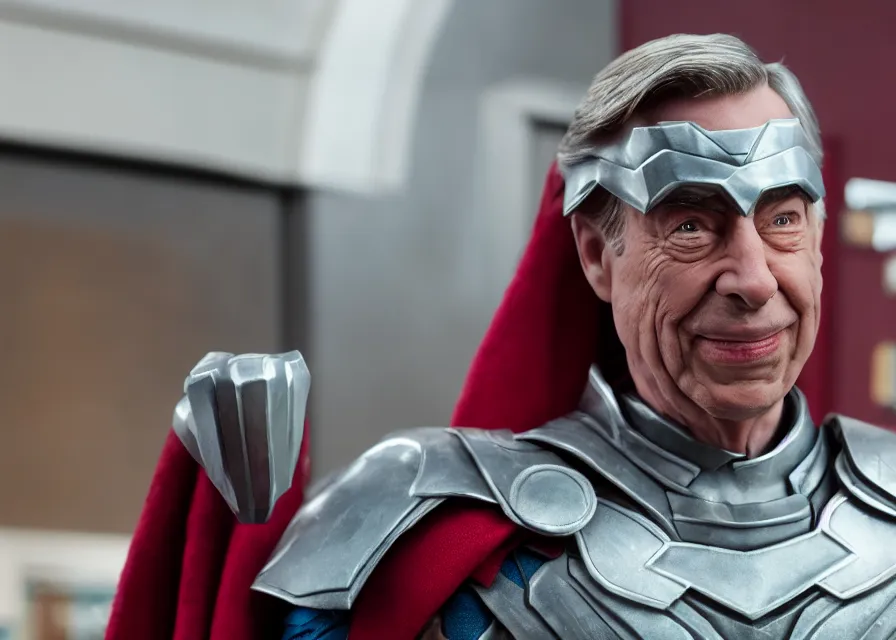 Image similar to mr rogers as thor in a marvel movie, close - up, cinematic, 4 0 mm f / 2. 8, anamorphic