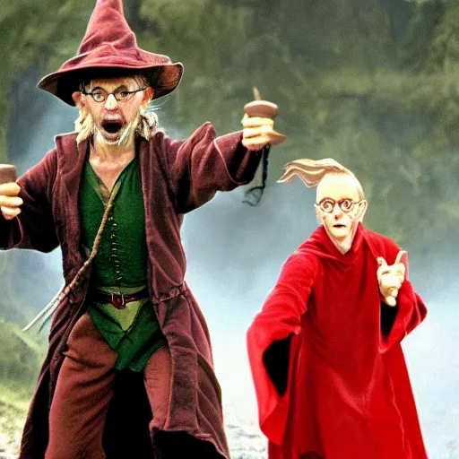 Prompt: Rincewind teaches Harry Potter on how to run, a scene from Harry Potter and the Chamber of Secrets