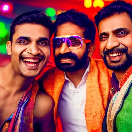 Image similar to Ultrawide photo of 3 drunk Indian guys wearing colorful cloths standing in the line of a nightclub during stoneage , 4k, Photorealistic