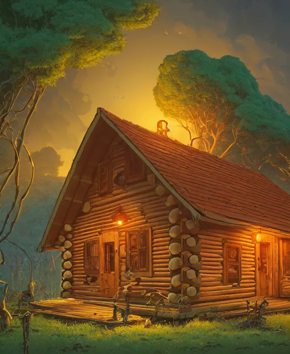 Image similar to simplicity, an elegant cabin made out of exotic fungus, overgrown with creepy blobs, organic, partly cloudy, hellscape, hell, fire, brimstone, lava, by dan mumford, yusuke murata, makoto shinkai, ross tran, cinematic, unreal engine, cel shaded, featured on artstation, pixiv