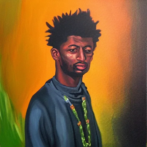 Image similar to painting of a tranquil 21 savage standing close to camera in the style of flooko, acrylic, twilight, glows, detailed,