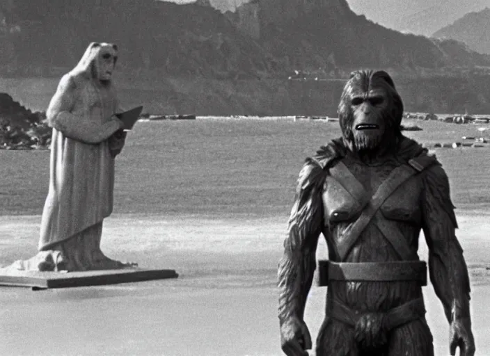 Image similar to film still of Christian Bale as George Taylor!!!!! at the buried statue of liberty in Planet of the Apes 1968