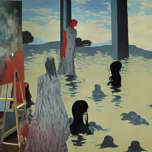 Image similar to tall female emo artists in their flooded apartment, water gushing from ceiling, painting of flood waters inside an artist's home, a river flooding indoors, pomegranates, pigs, ikebana, zen, water, octopus, river, rapids, waterfall, black swans, canoe, berries, acrylic on canvas, surrealist, by magritte and monet