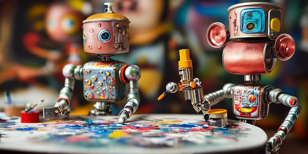 Image similar to closeup portrait of tin toy retro robots painters mixing gouache on white paper table in an artist workshop, depth of field, zeiss lens, detailed, centered, fashion photoshoot, by nicoletta ceccoli, mark ryden, lostfish, breathtaking, 8 k resolution, extremely detailed, beautiful, establishing shot, artistic, hyperrealistic, octane render