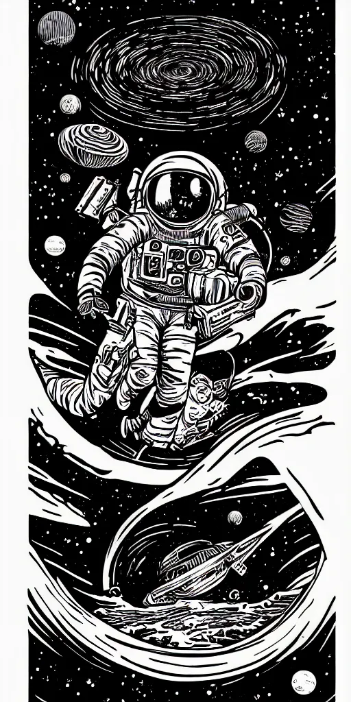 Prompt: neon, psychedelic full color, mcbess poster , astronaut drifting into a black hole