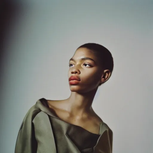 Prompt: realistic photoshoot for a new balenciaga lookbook, color film photography, portrait of a beautiful woman in style of tyler Mitchell, 35mm, graflex