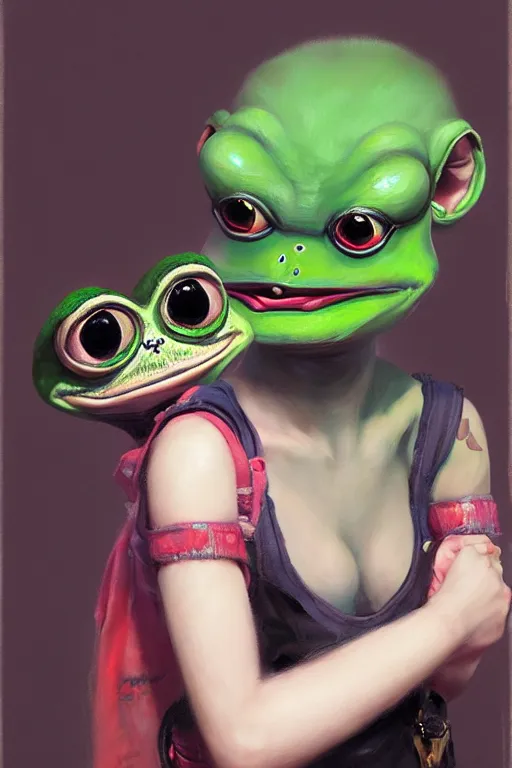 Image similar to portrait of a punk girl on a date with pepe! the frog! drinking coffee in the style of fenghua zhong and ruan jia and jeremy lipking and peter mohrbacher, extremely detailed digital painting, 8 k, natural lighting