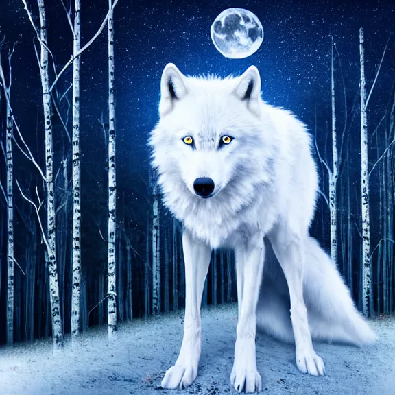 Image similar to white wolf with blue eyes stands in a dark night dormant autumn forest with magic moon in sky, no yellow color in eyes, no yellow color, realistic