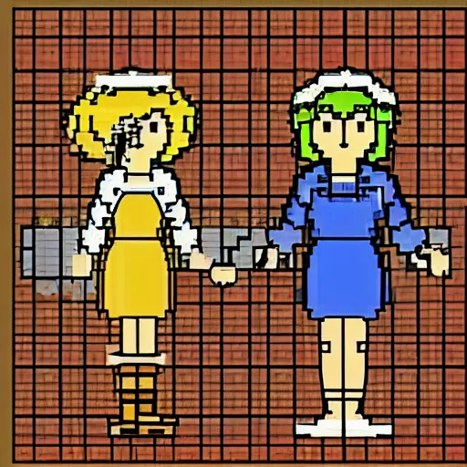 Image similar to two women holding hands in medieval fantasy kitchen, 8 bitfiction, pixel art