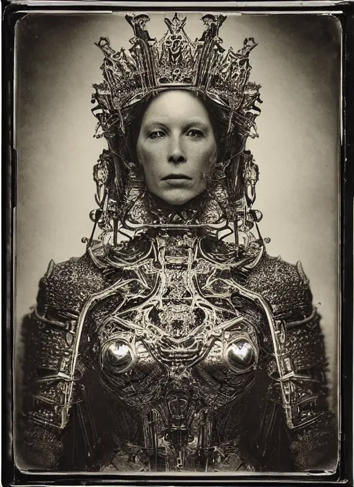 Image similar to old wetplate daguerreotype frame portrait of a futuristic silver armored queen elisabeth emperor district 9 cyborg, fractal, intricate, elegant, highly detailed, subsurface scattering, by jheronimus bosch and greg rutkowski and louis jacques mande daguerre