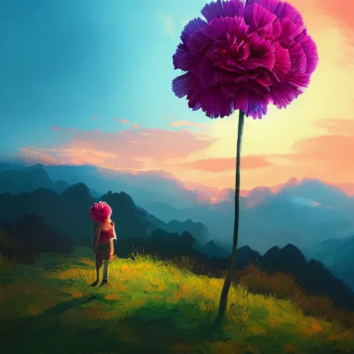 Image similar to giant carnation flower head, girl hiking in the mountains, surreal photography, sunrise, dramatic light, impressionist painting, colorful clouds, digital painting, artstation, simon stalenhag