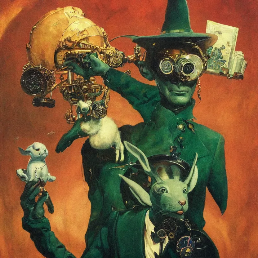 Prompt: a close - up portrait painting of a bright alien wizard magician holding a steampunk rabbit. deep green curtains in a gloomy dark background. highly detailed science - fiction painting by norman rockwell, moebius, frank frazetta, and syd mead. rich colors, high contrast. artstation