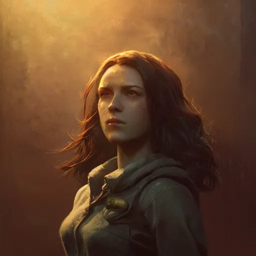 Image similar to fallout 5, charismatic brunette female protagonist, portrait, atmospheric lighting, painted, intricate, volumetric lighting, beautiful, daytime, sunny weather, slight overcast, sharp focus, deep colours, ultra detailed, by leesha hannigan, ross tran, thierry doizon, kai carpenter, ignacio fernandez rios