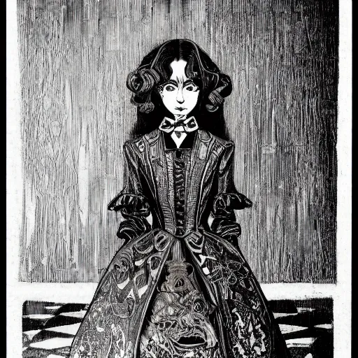 Image similar to 'A vintage photo, victoriana, bw, creepy, atmospheric 'The golden face of sadness' description 'Hermetic Order of the occult princess' portrait, character design, worn, dark, manga style, extremely high detail, photo realistic, pen and ink, intricate line drawings, by MC Escher,  Junji Ito, Yoshitaka Amano, Ruan Jia, Kentaro Miura,