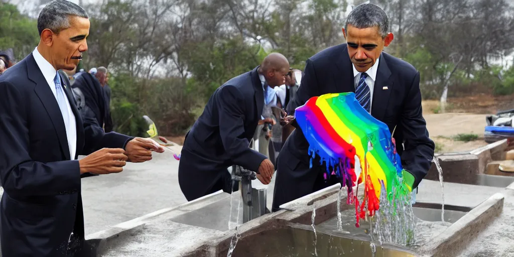 Prompt: President Obama pouring rainbows into the drinking water supply