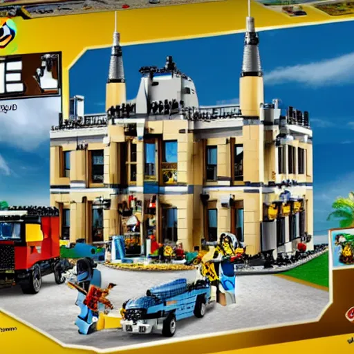 Prompt: promotional photo for a lego set of the mar - a - lago fbi raid, close up photograph, high detail