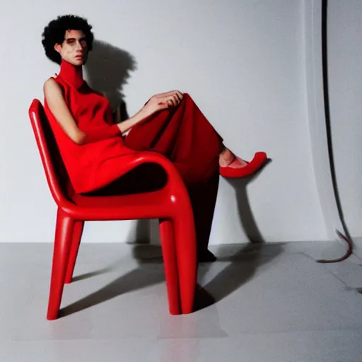 Prompt: close up of face of fashion model sitting on red chair, official jil sander editorial