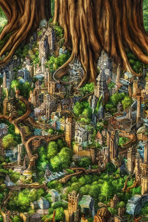 Image similar to fantasy art of a miniature city built into the trunk of a single colossal tree in the forest, close - up, low angle, wide angle, awe - inspiring, highly detailed digital art