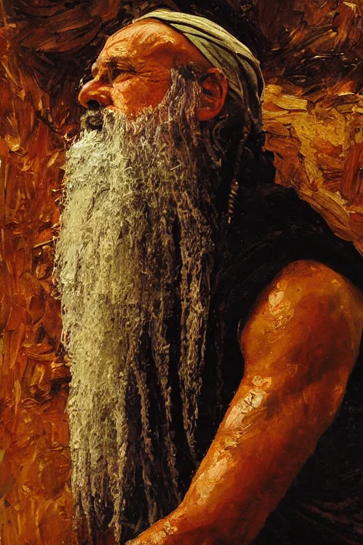 Prompt: highly detailed palette knife oil painting of a historically accurate depiction of the ancient biblical israeli man moses, thoughtful, by Peter Lindbergh, impressionistic brush strokes, painterly brushwork