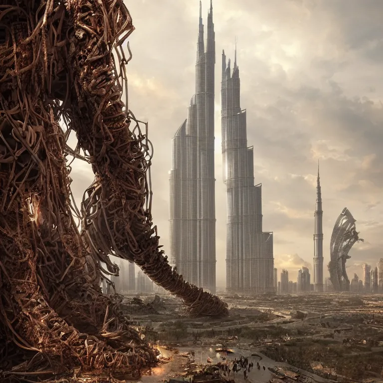 Prompt: a photobash by andrew palyanov and annibale siconolfi and yanick dusseault, a giant massive huge alien snake worm monstrous creature wrapped around the the rusting dystopian ruins of the burj khalifa, photorealistic, ultradetailed, 4 k, hyperrealistic, golden hour