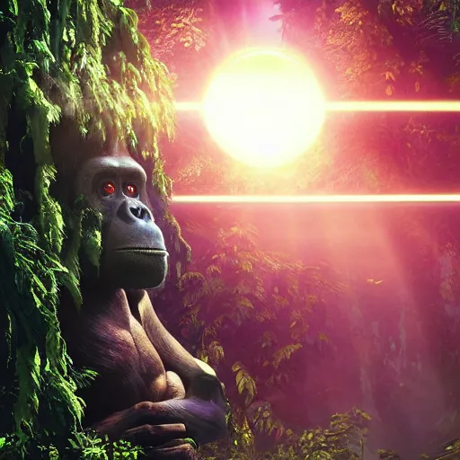 Image similar to cinema 4D colorful render, utopian jungle in space , planet of the apes, ape kingdom, old decaying statue of ape, a detailed zoned in human anatomy veins, nature, heavy green, dramatic lens flares, apes hanging from vines, a evil dark sun , depth field, unreal engine, sharp, incredible detail, professional composition, quality digital art, 4k, 4k concept art and hyper realism