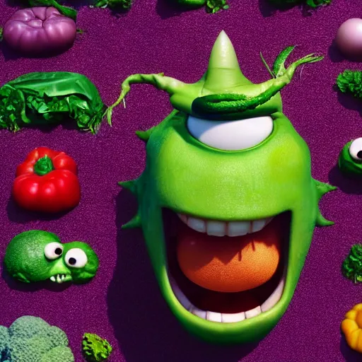 Image similar to vegetable monster , pixar style , disney , 4k , HD , focus