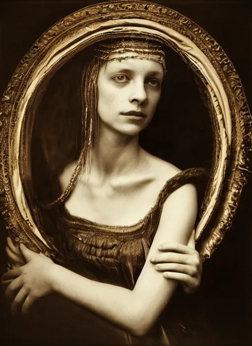 Prompt: portrait of young woman in renaissance dress and renaissance headdress, art by sally mann