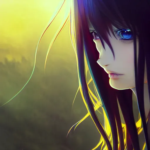 Image similar to attractive yellow eye color long blue - haired girl with bangs gothic anime character, fantasy, screenshot, anime, sharp focus, intricate, illustration, cell shaded, digital painting, highly detailed, concept art, matte, art by ilya kuvshinov and kyoto animation and wlop, and greg rutkowski, studio quality, james jean, artem demura