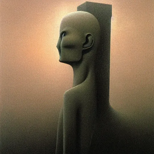 Image similar to soft focus deep shadows dystopian surreal painting of eerie grinning head statues and buildings by zdzisław beksinski