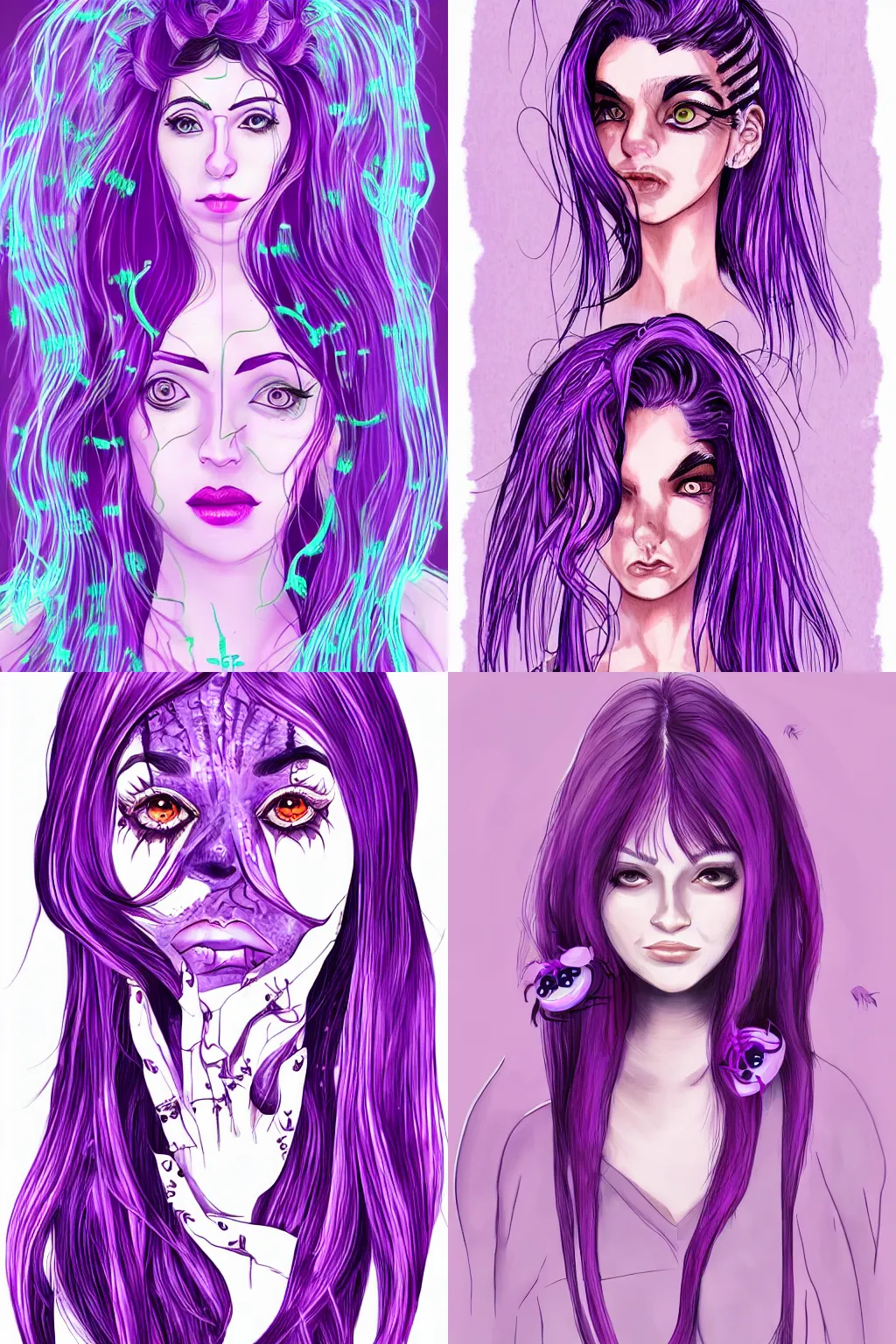 Prompt: Purple woman purple skin with 5 spider eyes and side pigtails, beautiful cute amazing illustration art portrait