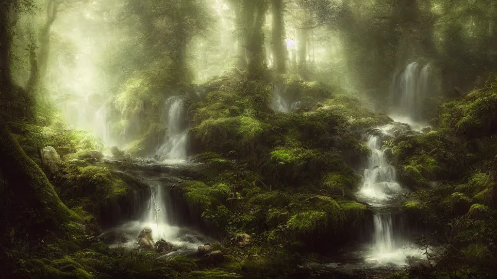 Prompt: a tiny waterfall in the dark forest. andreas achenbach, artgerm, mikko lagerstedt, zack snyder, tokujin yoshioka