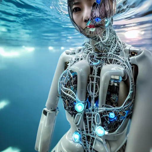 Image similar to beautiful centered fine art photo portrait of hoyeon jung as a solarpunk robotic humanoid treading on water, white mechanical parts with led lights, ultra - detailed and intricate, sun lighting, soft focus, slow exposure hdr 8 k