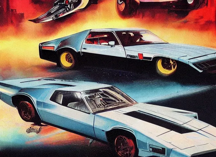 Prompt: ( ( ( ( ( 1 9 8 2 pontiac trans am, car concept art, sci - fi illustration, painting, in the style of speed racer ) ) ) ) ) by vincent di fate and john berkey and knight rider and speed racer!!!!!!!