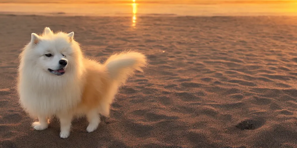 Image similar to a closeup photorealistic photograph of japanese spitz on the beach at sunset. this 4 k hd image is trending on artstation, featured on behance, well - rendered, extra crisp, features intricate detail and the style of unreal engine. golden hour