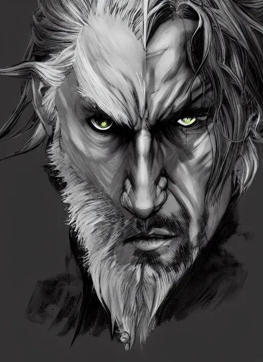 Prompt: Half body portrait of mature man with long silver hair, half man half wolf. In style of Yoji Shinkawa and Hyung-tae Kim, trending on ArtStation, dark fantasy, great composition, concept art, highly detailed, dynamic pose.