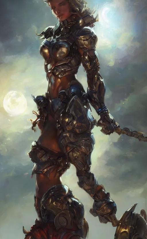 Prompt: muscular full armored girl by daniel gerhartz, colorfull, good shading, perfect lights, moonlight background, trending on art station