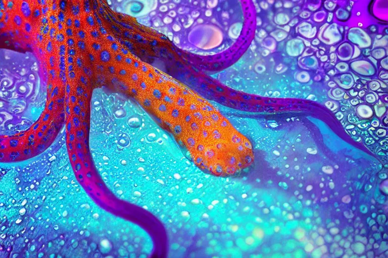 Image similar to rainbow octopus, stunning ultra realist waves underwater curiosities reflections and refractions corals and fishes carnival, symmetry accurate features, focus, very intricate ultrafine details, blue purple aqua colors, award winning masterpiece, octane render