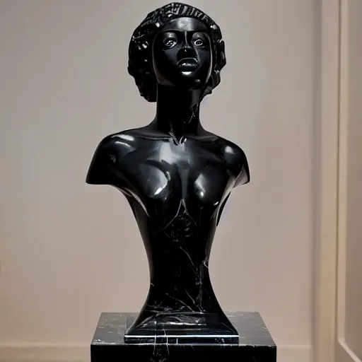 Prompt: masterpiece of a glossy black marble statue of an african girl with colorful african pattern logos in the background in the style of virgil abloh, very very beautiful, detailed, realistic carved marble statue, fine art, off white, heron preston, techno, rave, 8 k, 4 k, detailed, realistic, beautiful, symmetrical, vogue, paris, fashion