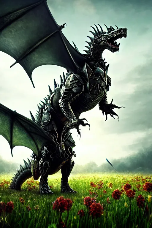 Prompt: hyperrealistic neo - gothic cinematic armored dragon holding sword in a field of flowers, highly detailed video game concept art masterpiece, vitaly bulgarov dramatic low light, ground angle uhd 8 k, sharp focus