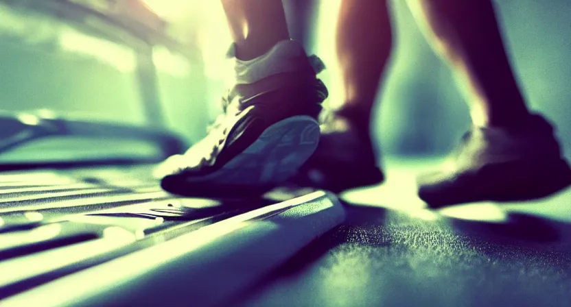 Image similar to close up on old running shoes running on a treadmill. cinematic lighting. moody. sci fi. realistic concept art painting. subdued tones.