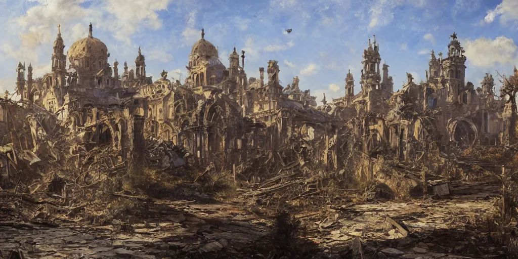 Image similar to An abandoned destroyed spanish city, abandoned, ruined buildings, oil painting, painting by Viktor Vasnetsov, concept art, fantasy cityscape, ancient Spanish architecture, painting by Ivan Shishkin, hyperborea, high resolution, trending on artstation,